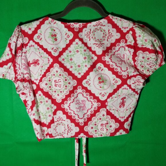 Max and Riley White Red Women XS Crop Top Western Shabby Chic Floral Linen - Picture 2 of 4